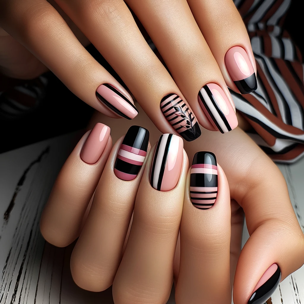 Pink and black striped nail designs