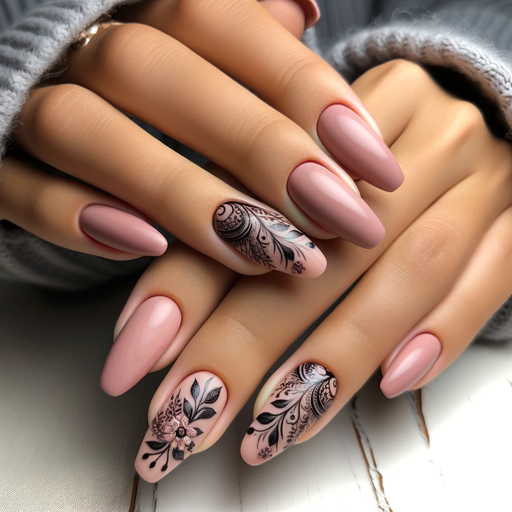 Pink nails with black floral designs