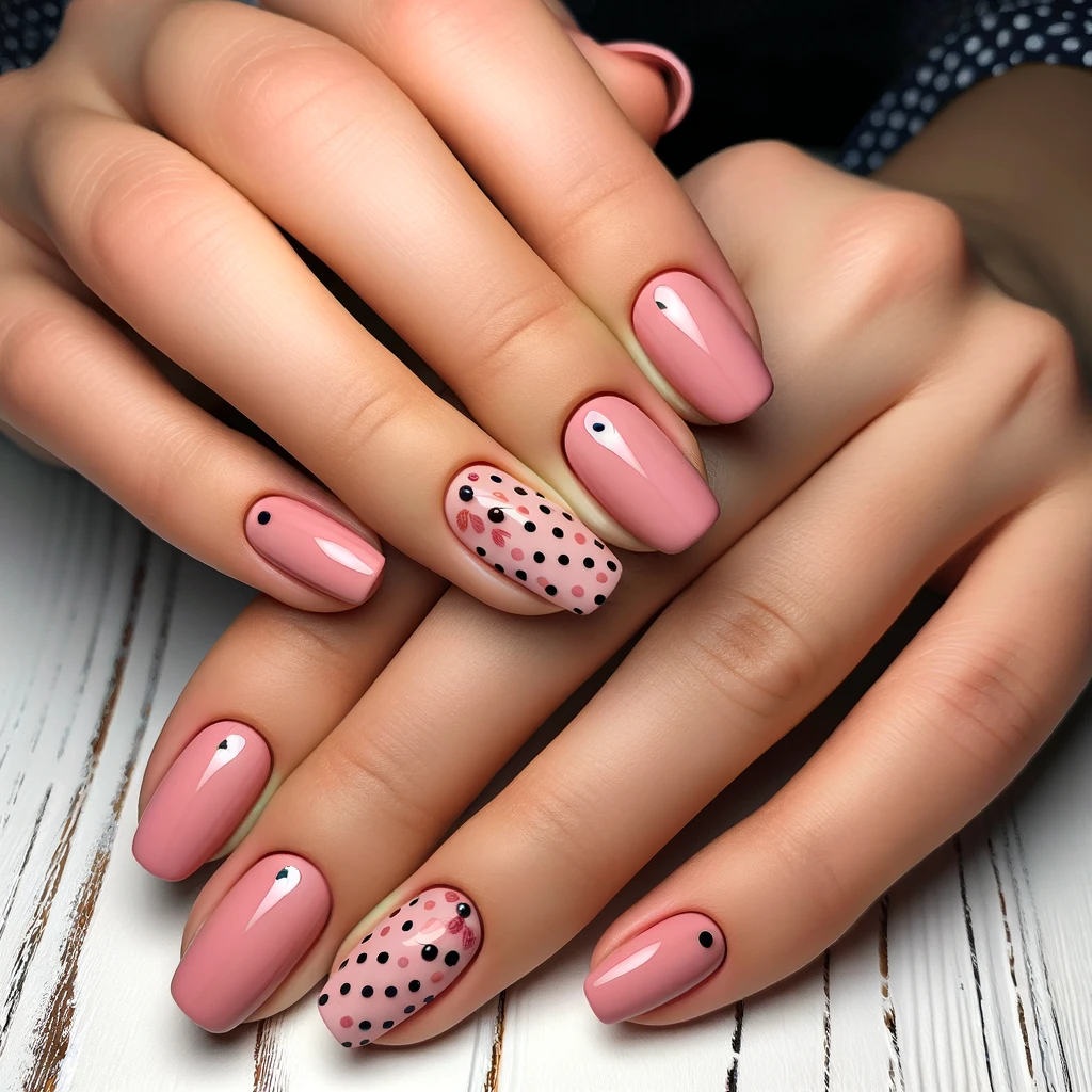 Pink nails with black polka dots