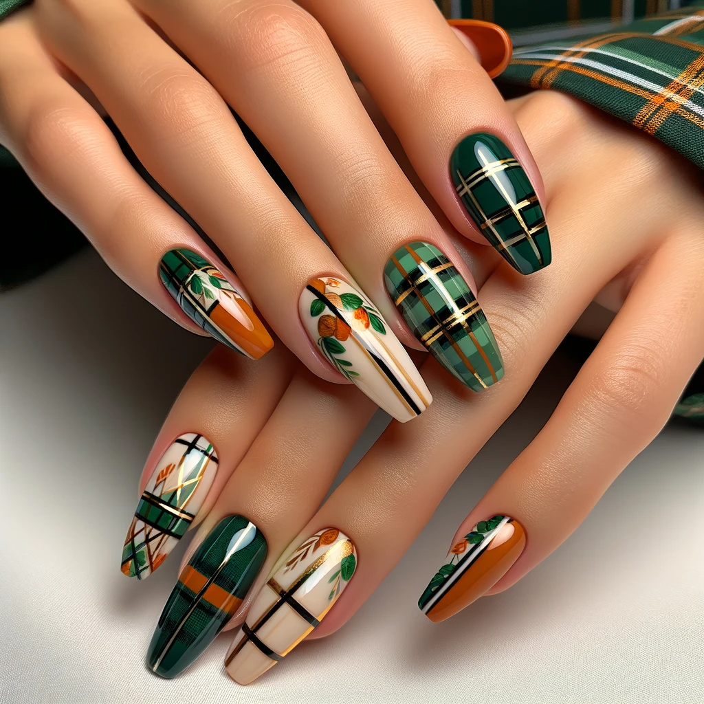 Plaid pattern nail designs in green, orange, and white for St. Patrick's Day