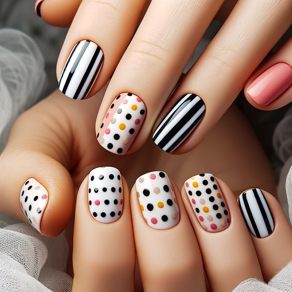 Polka Dots and Stripes on short nails