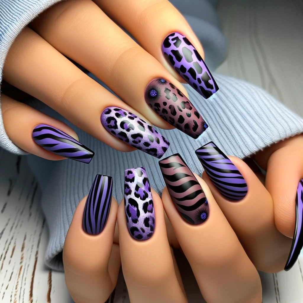Purple and black animal print nail design ideas