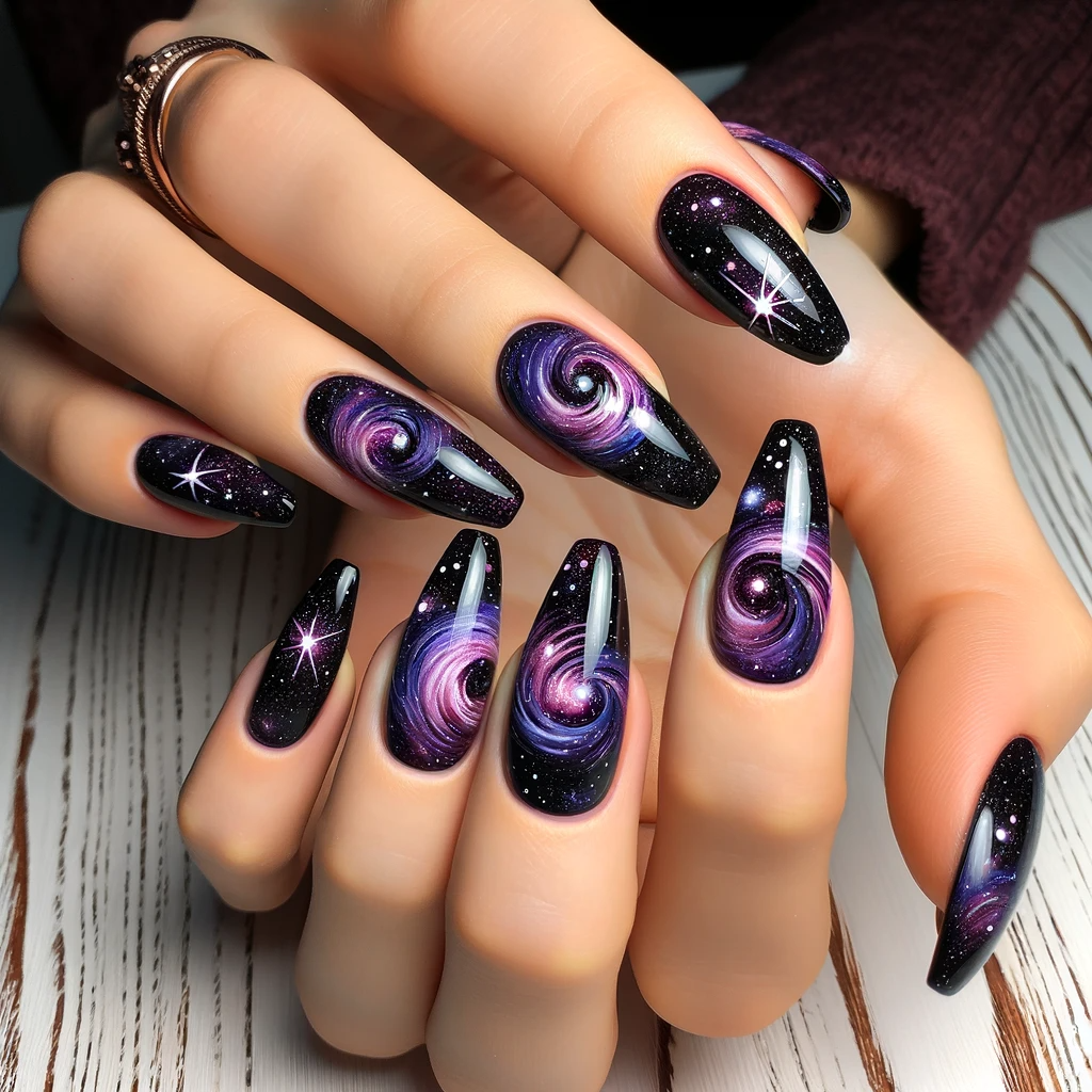 Purple and black galaxy swirl designs