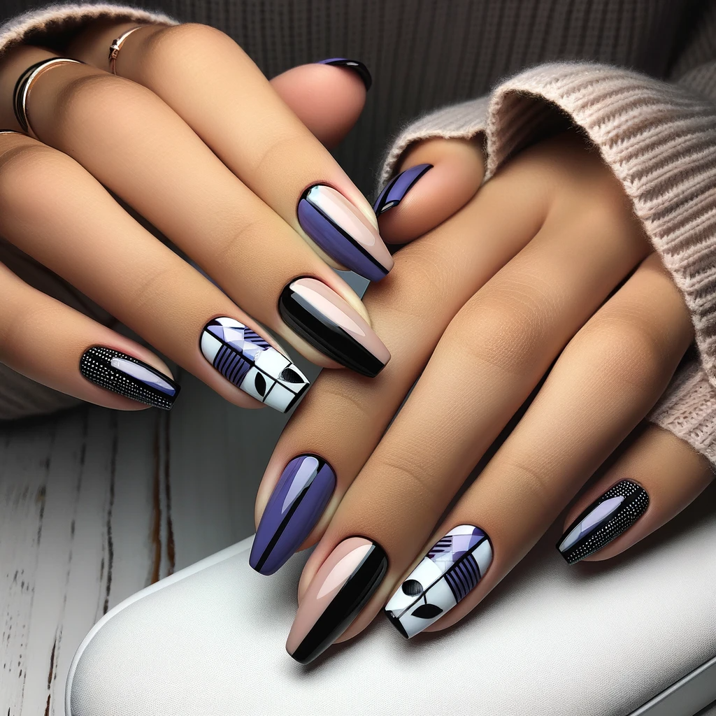 Purple and black geometric nails
