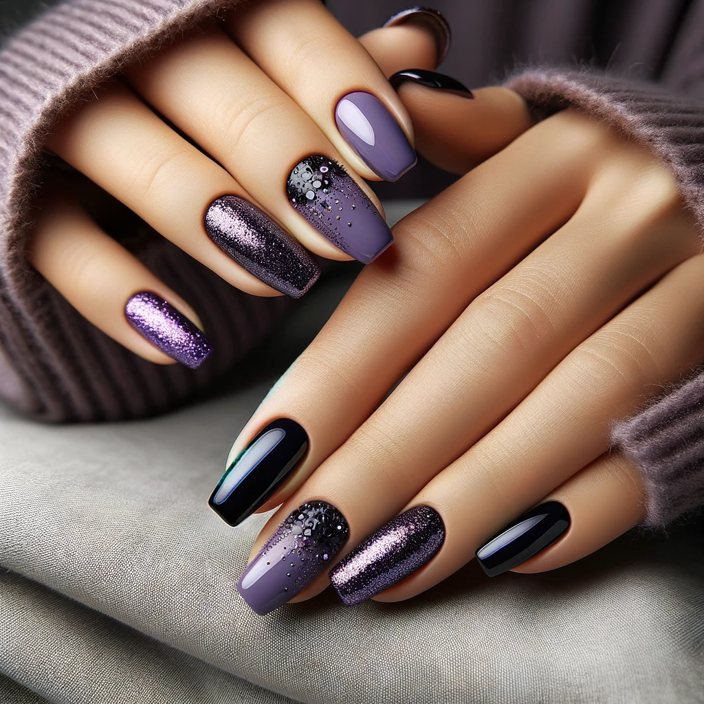 Purple and black glittery nails
