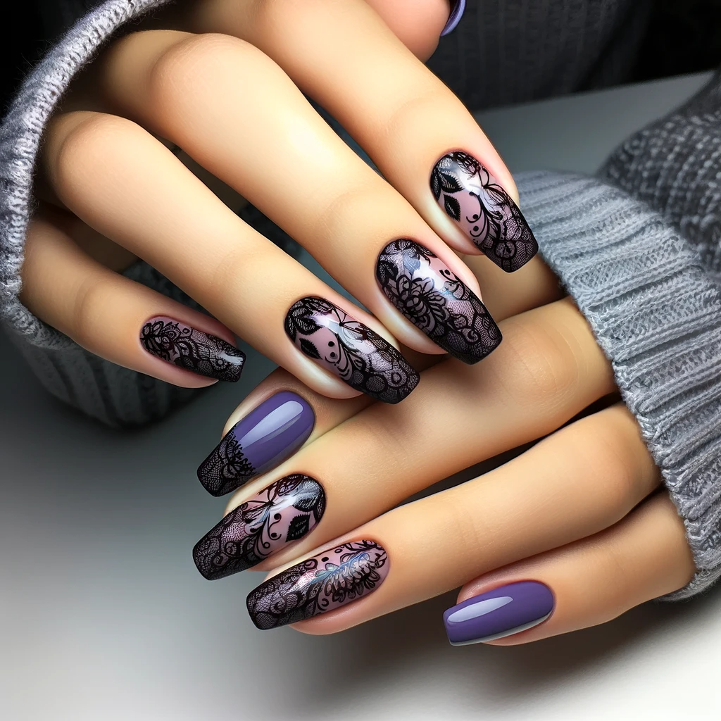Purple and black gothic lace nail ideas