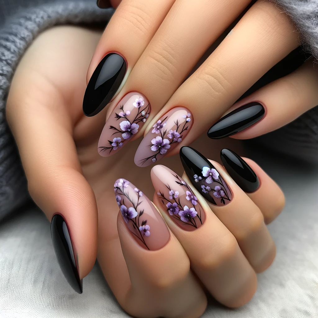 purple flowers with black accent nails