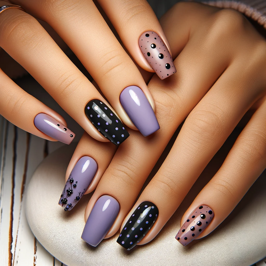 Purple and black polka dot nail ideas
