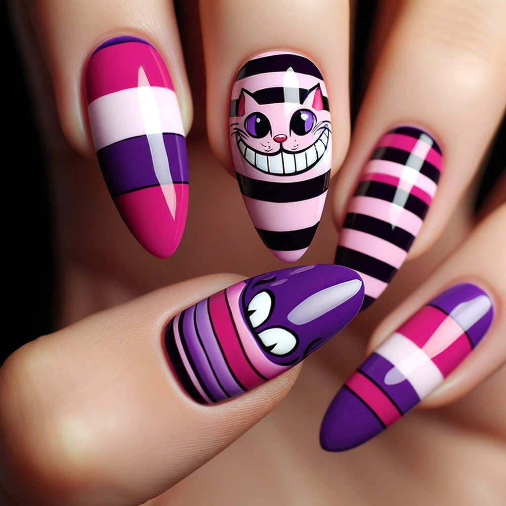 Purple and pink enigmatic smiling cat nail designs