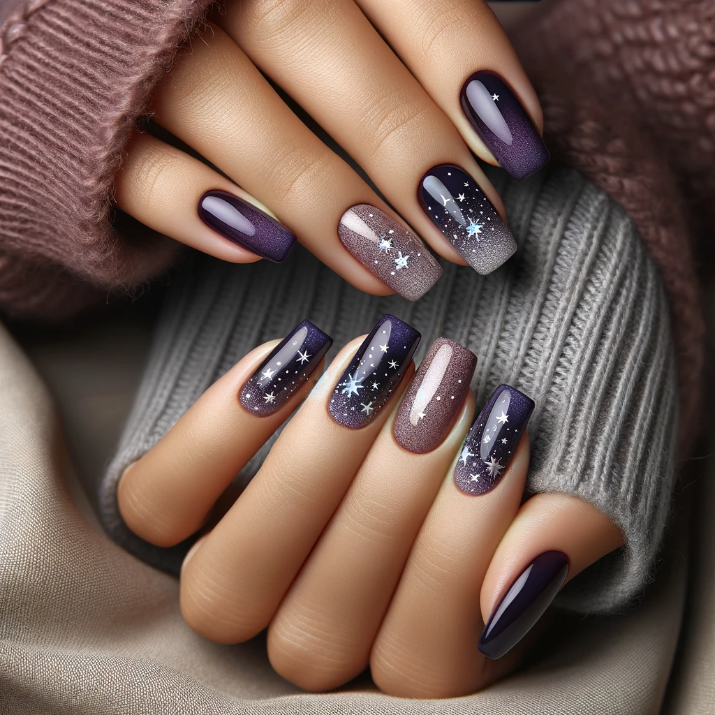 Purple and silver stars on nails design