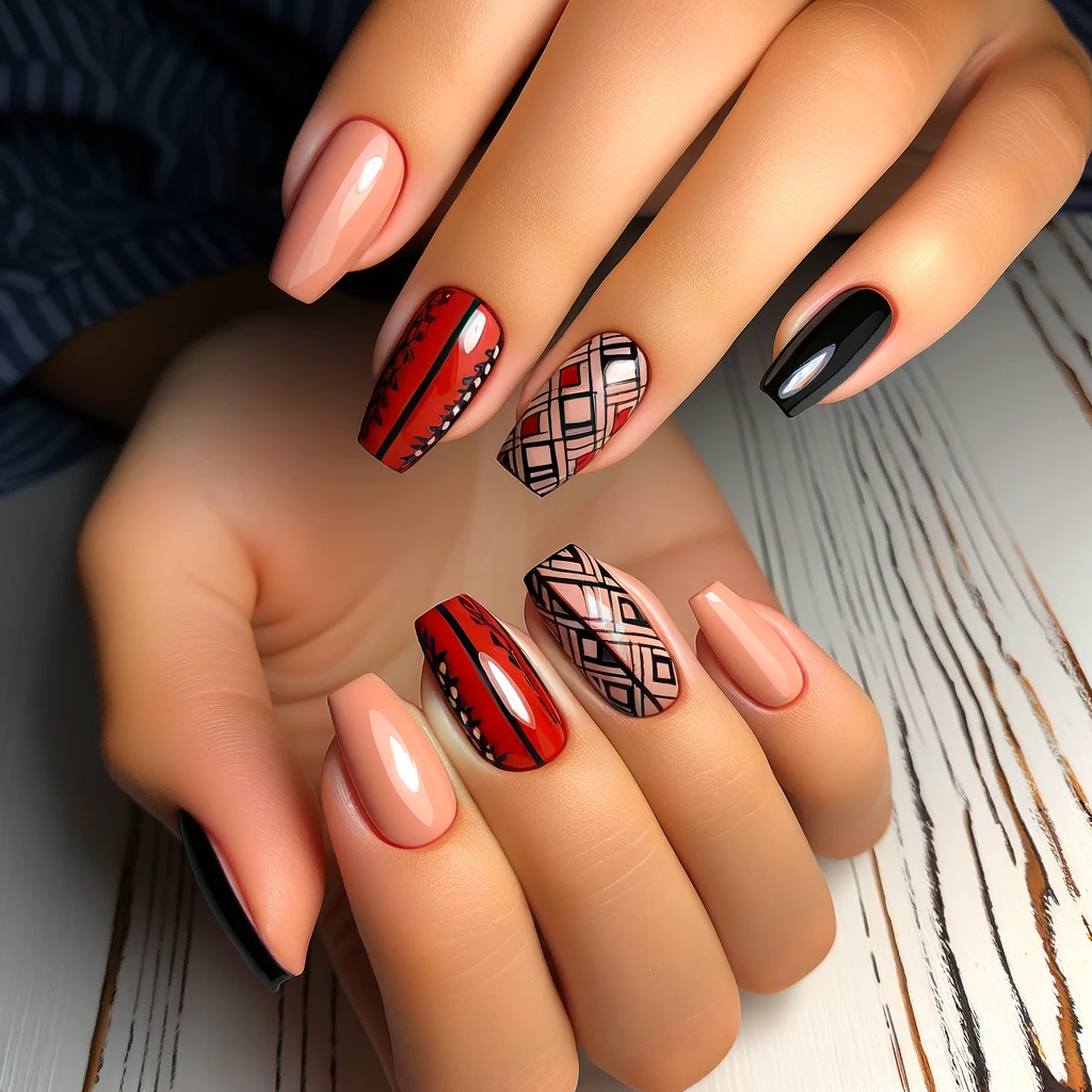 Red and black geometric patterned nails