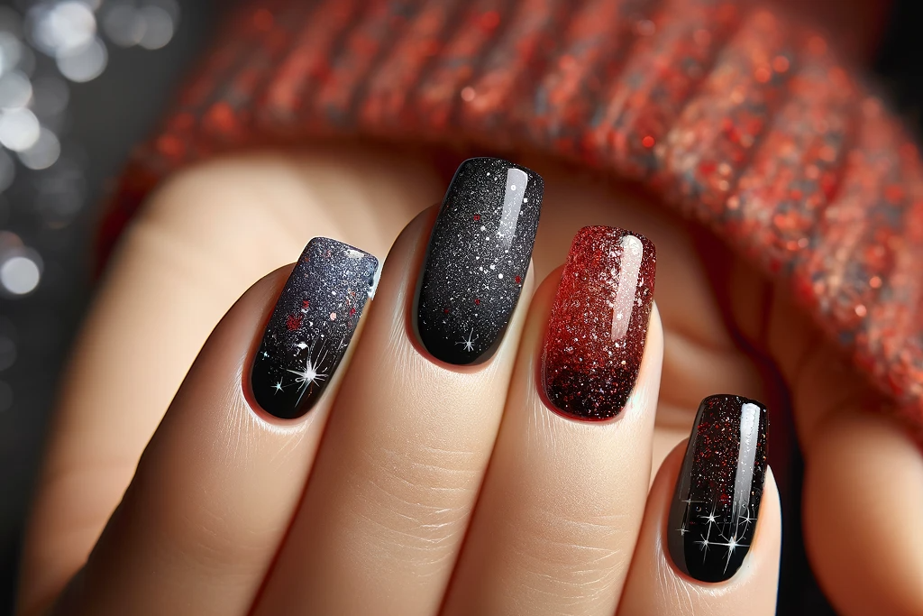 Red and black glitter gradient nails featured