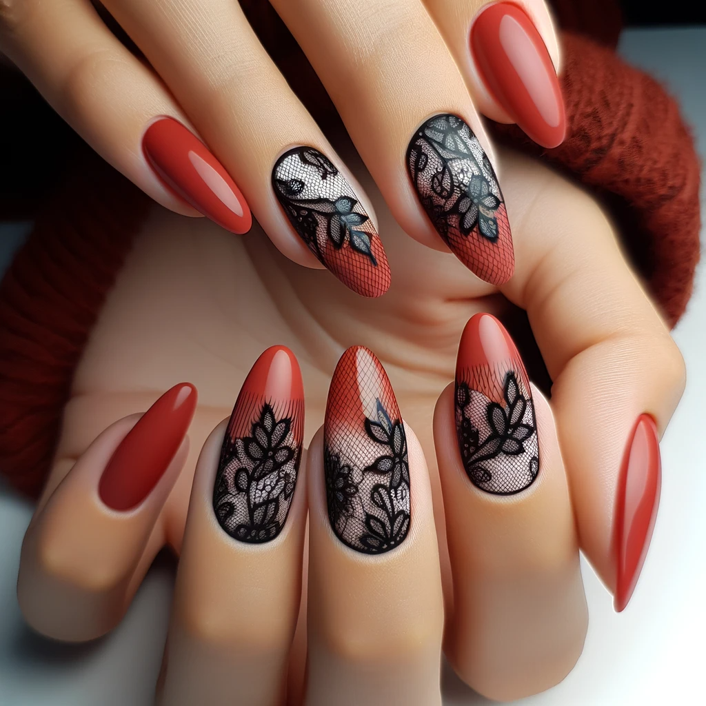 Red and black lace nail designs