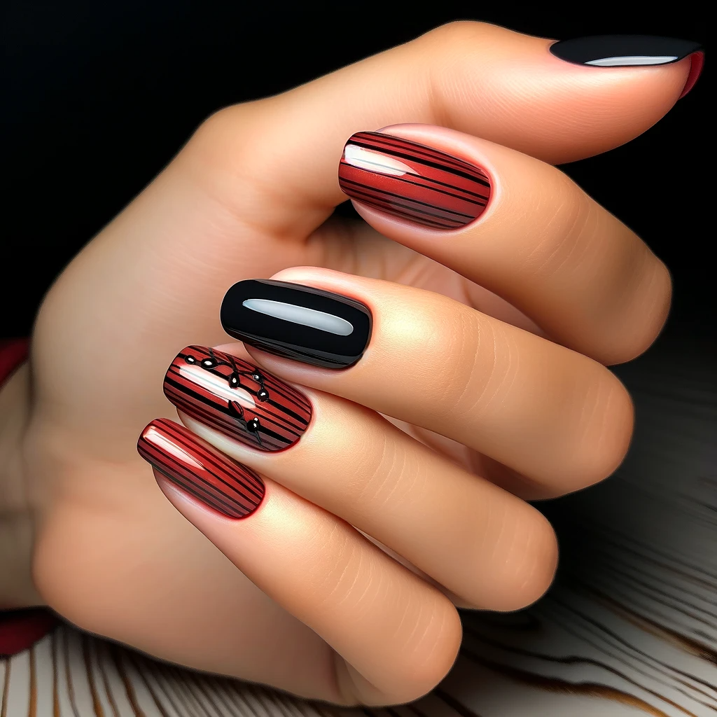 Red and black striped nails