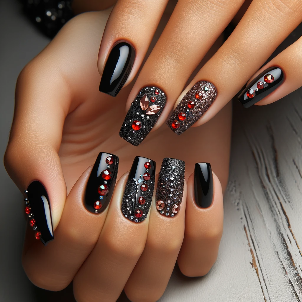 Red and black studded nail glam