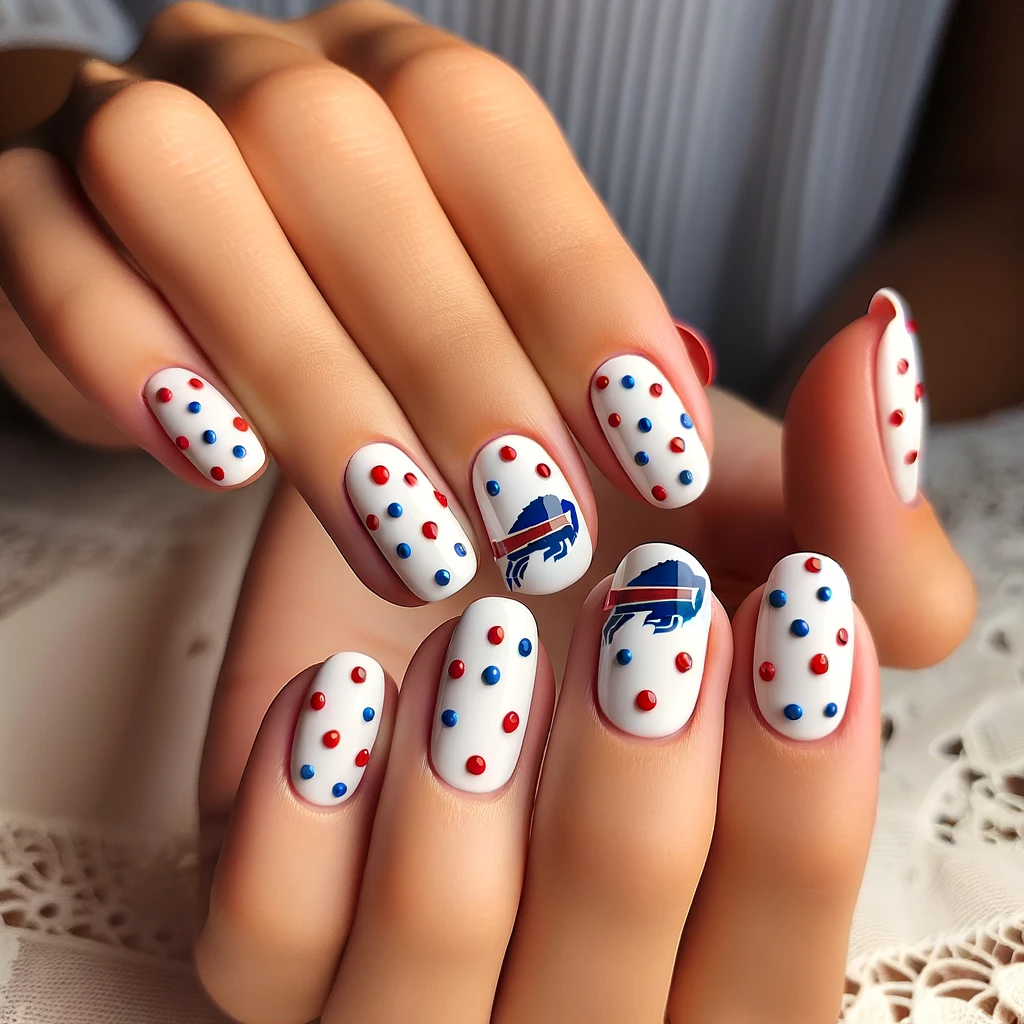 Red and blue polka dots on white nails