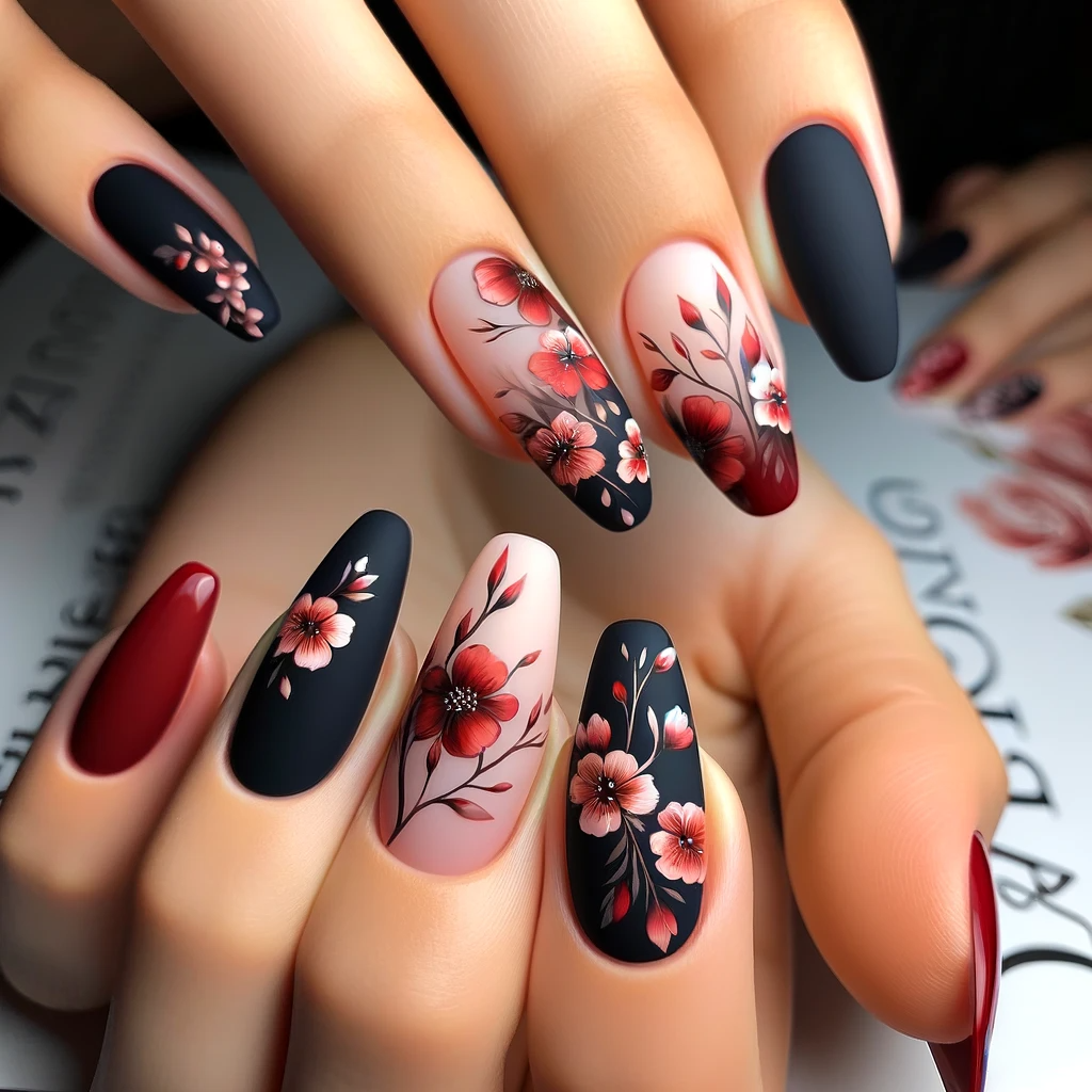 Red flowers on black nails