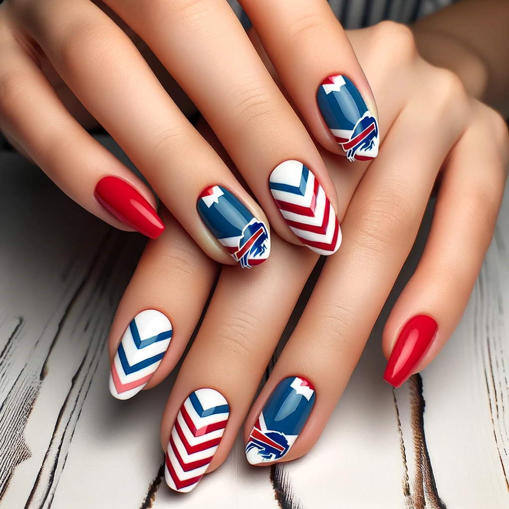 Red white and blue chevron nails with Bills logo accent
