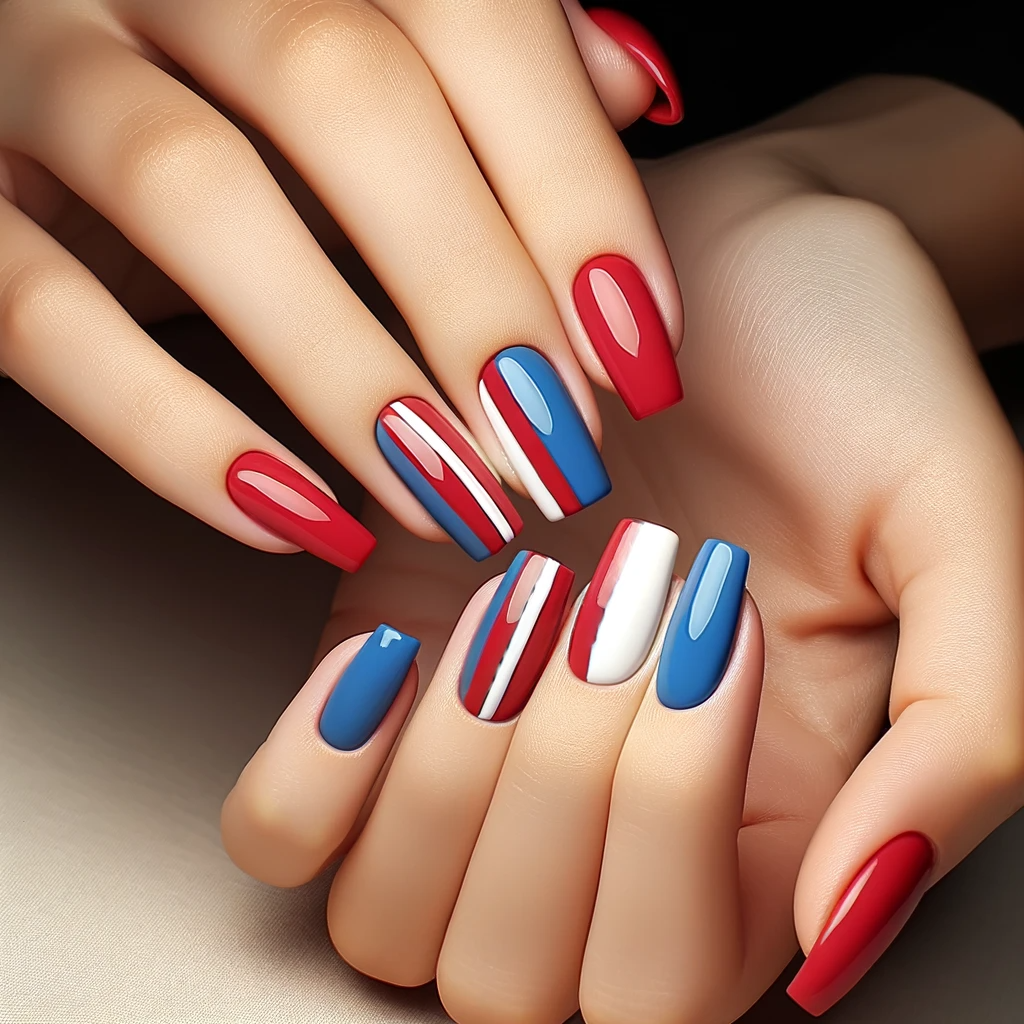 Red white and blue striped nails for the Buffalo Bills
