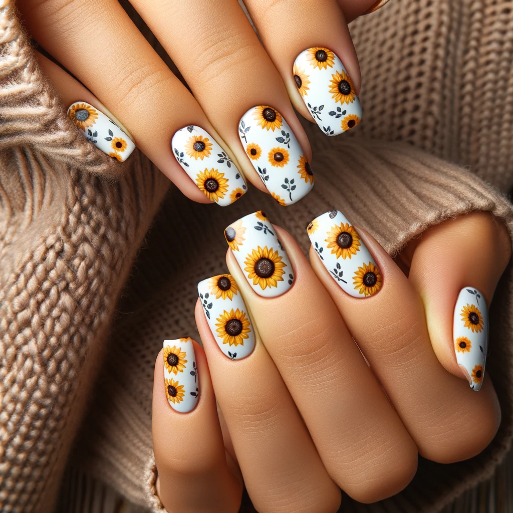 Retro sunflower nail pattern reminiscent of 70's floral prints