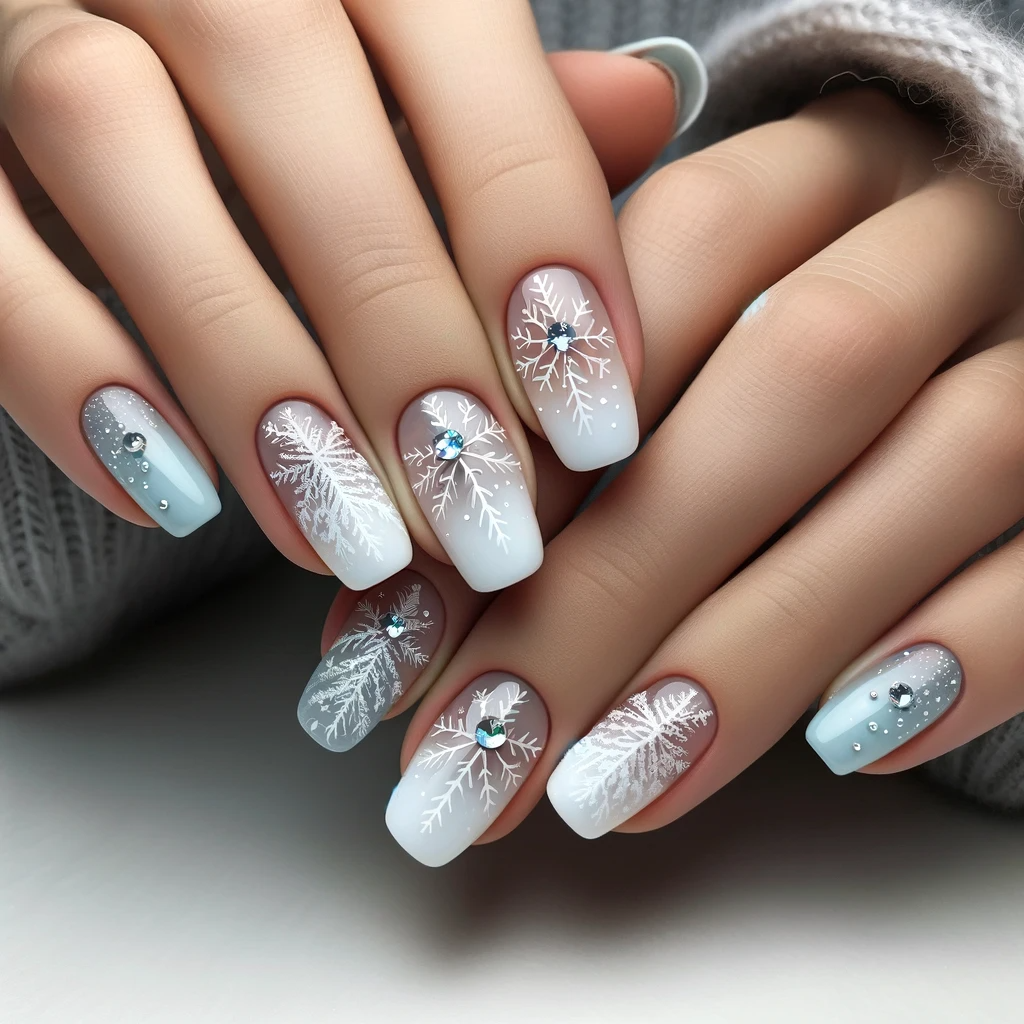 Sheer white or pale blue base with delicate silver snowflake designs