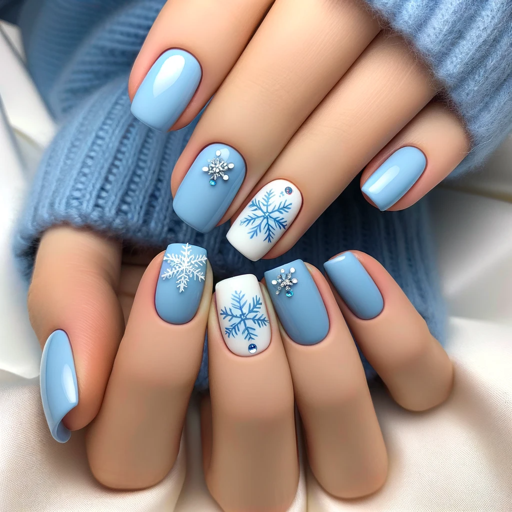 Simple blue nail art with snowflakes