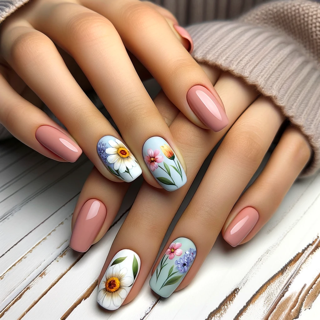 Spring flowers on pastel nails