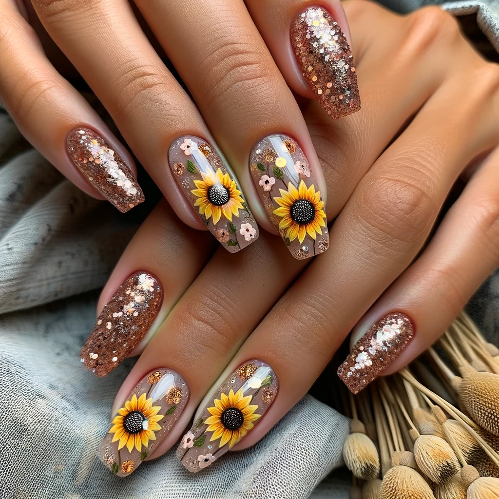 Sunflower glitter nail ideas