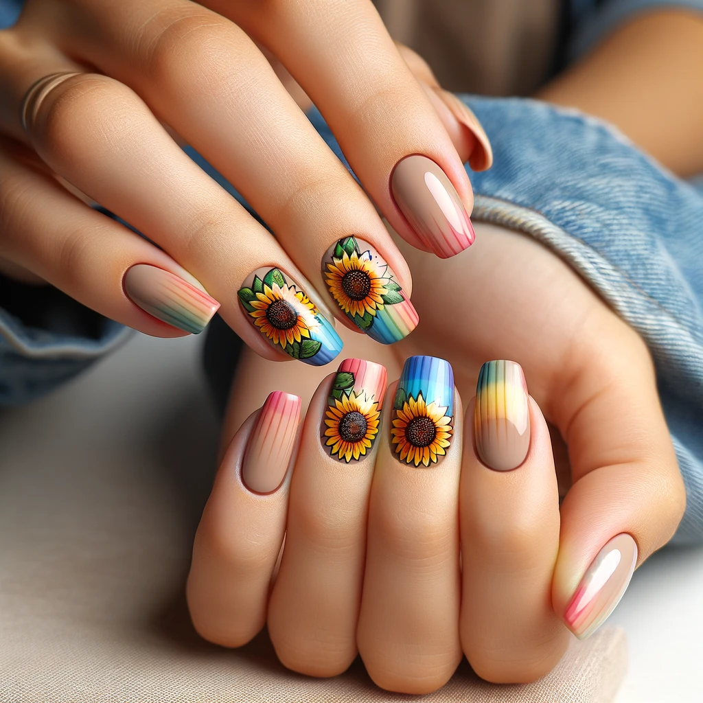 Sunflower nail art with rainbow-colored sunflower petals