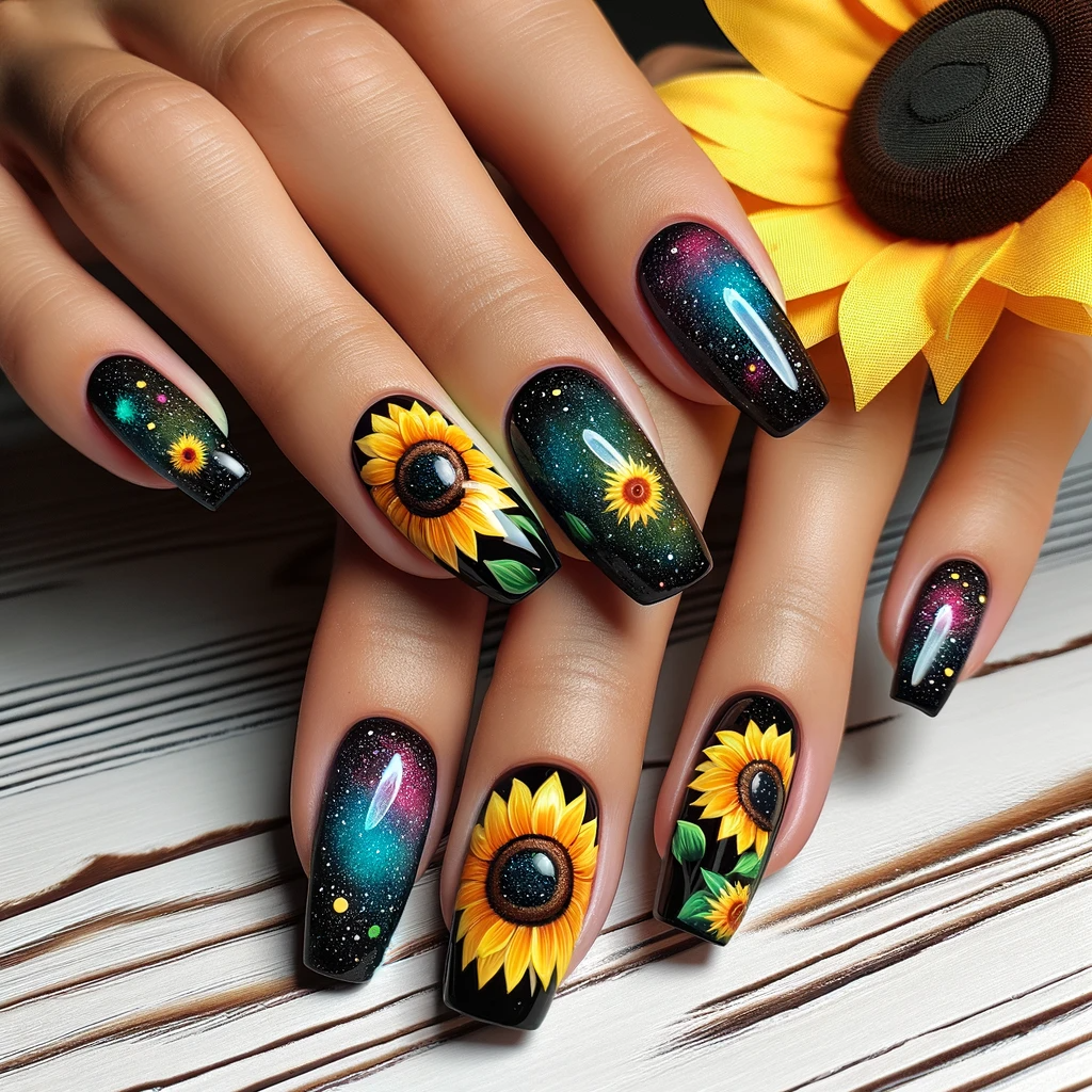 Sunflower nail designs with a dark, galaxy-themed background