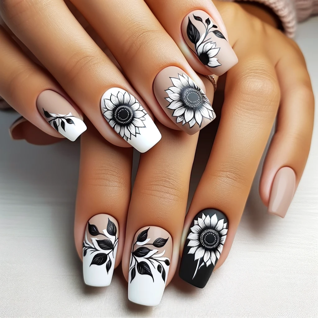 Sunflower nail ideas with monochrome sunflower designs in black and white