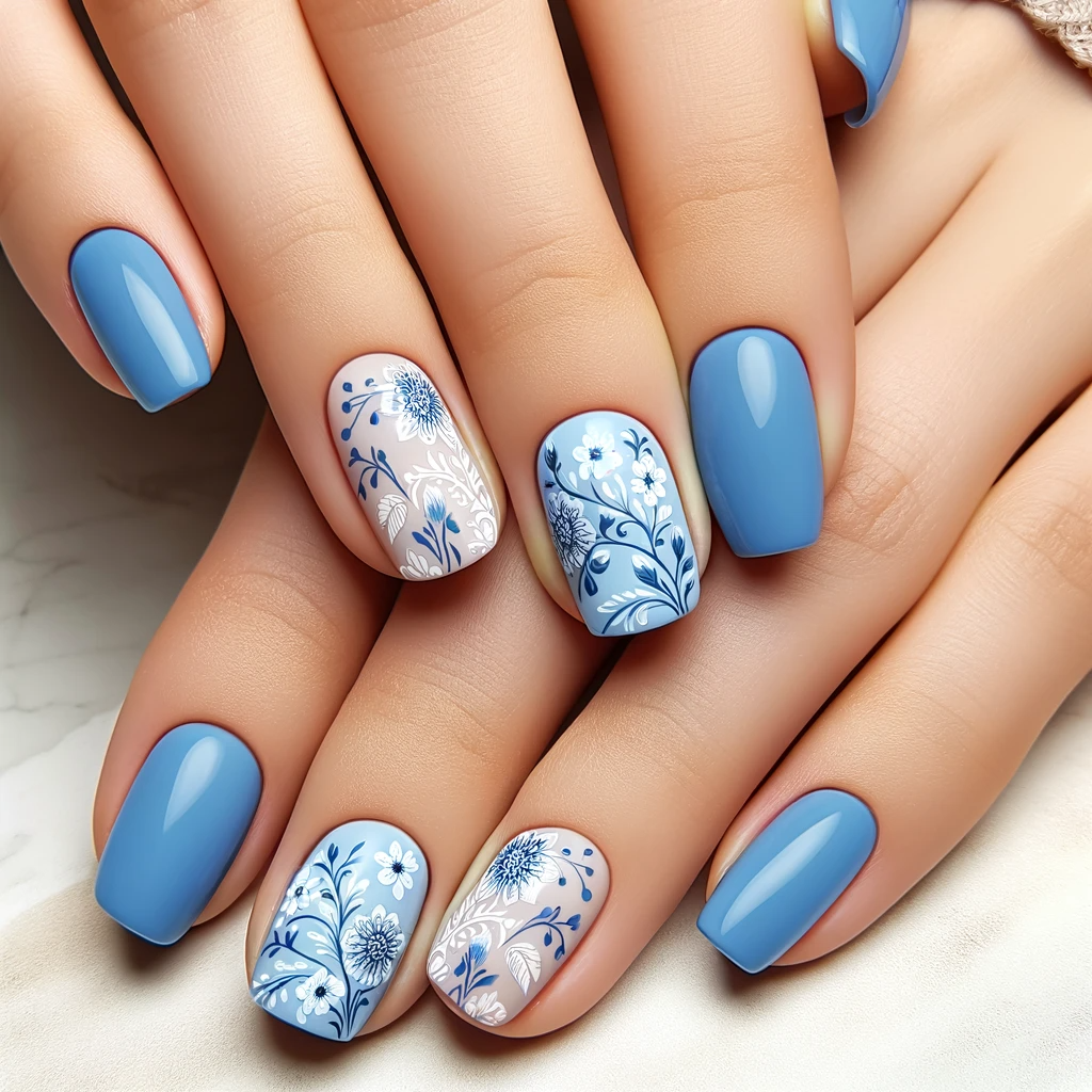 White and darker blue floral patterns