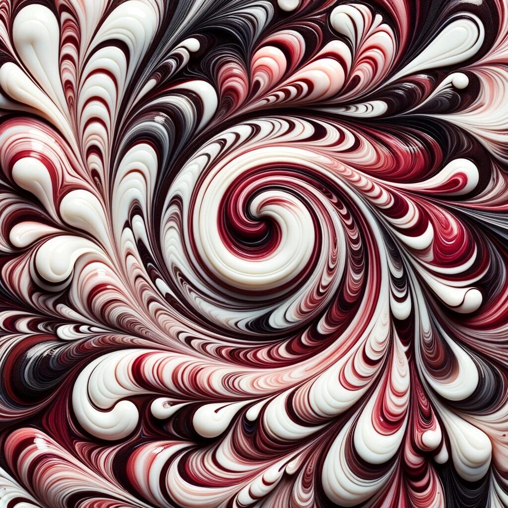 White, red, and black swirling marbled design