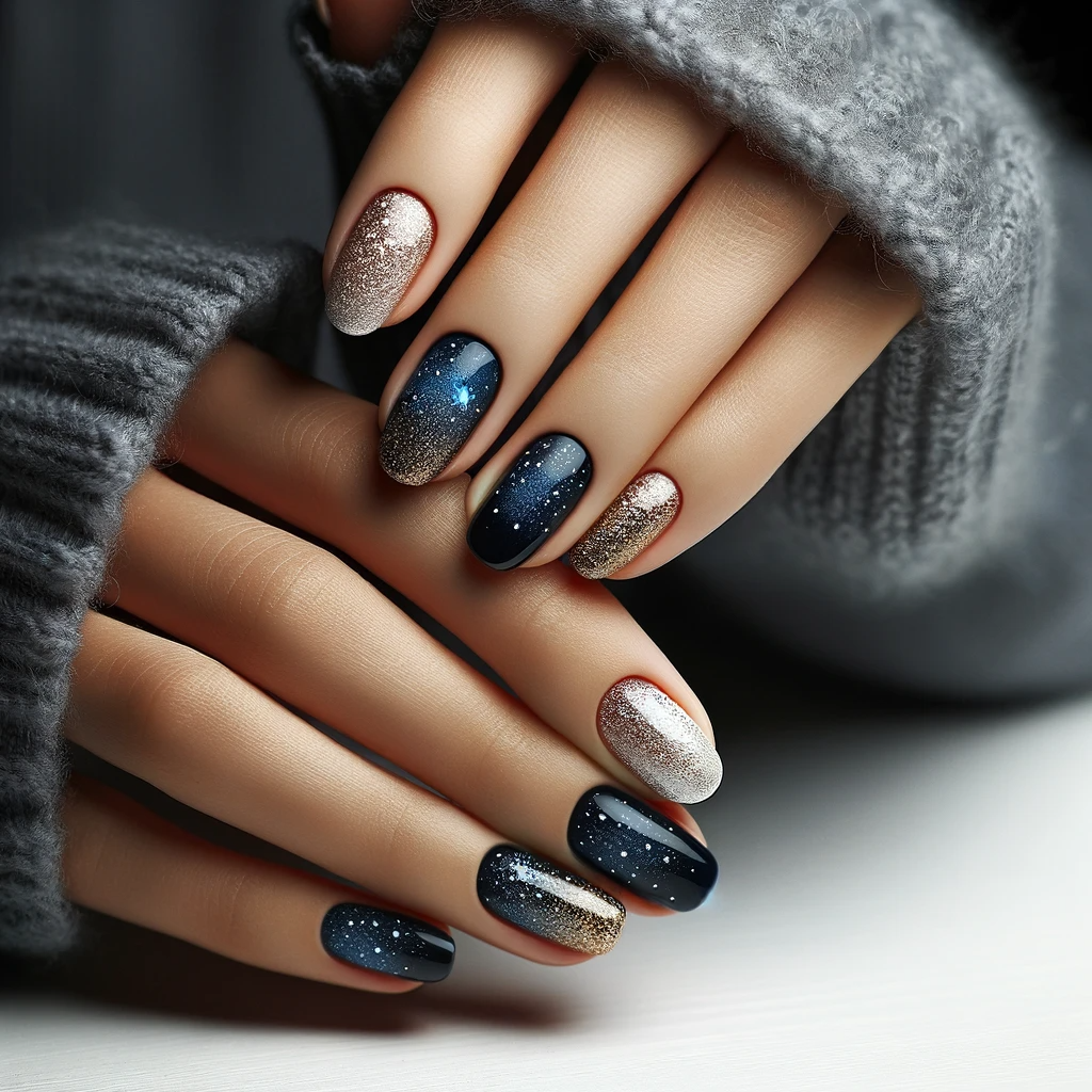 Winter nail art with a deep navy blue base