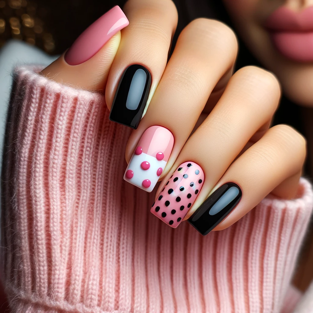 black and pink nails with polka dots