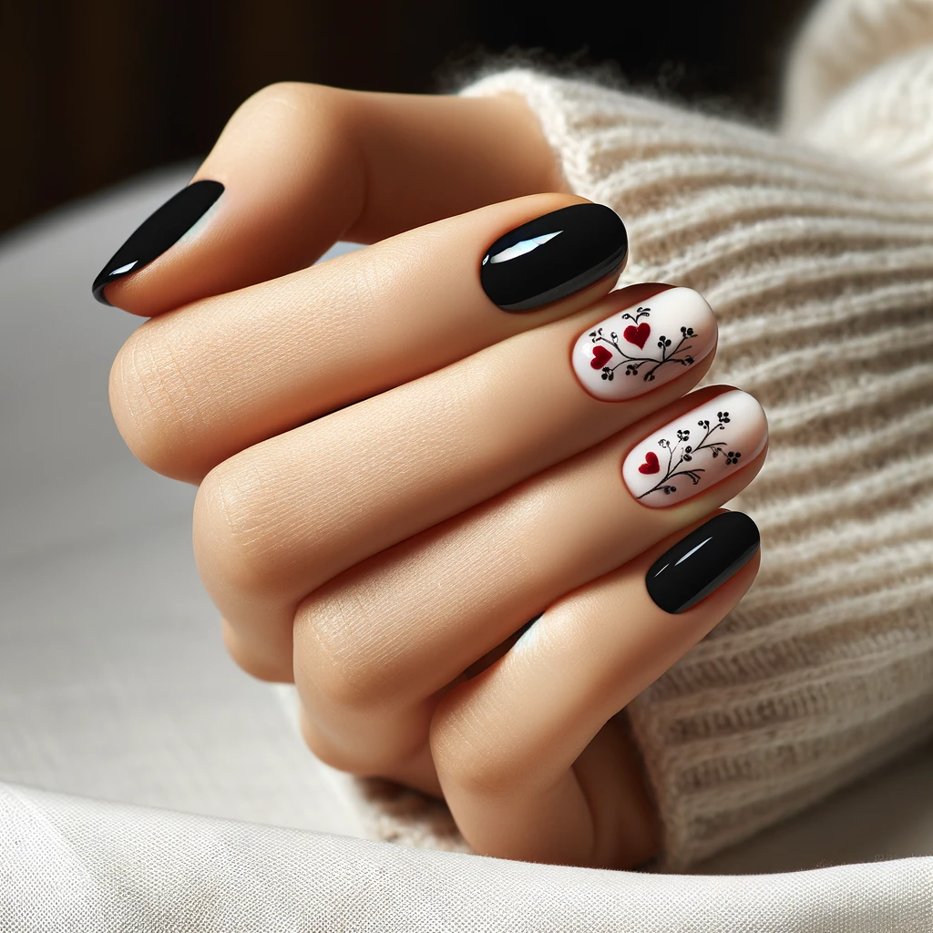 black nails with red hearts and delicate white detailing