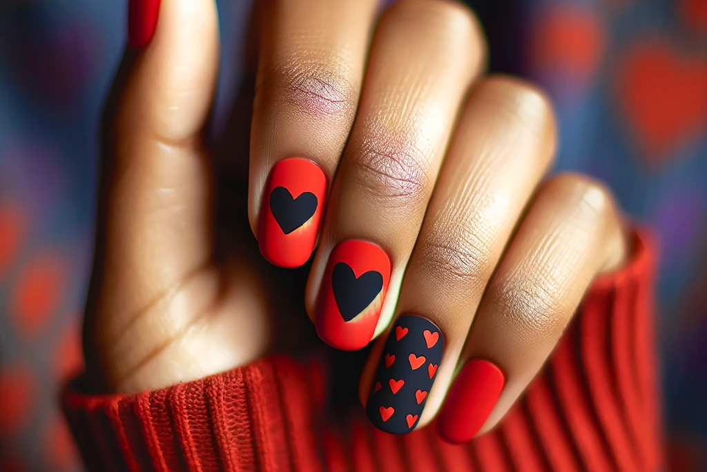 10 Luscious Red and Black Heart Nail Design Ideas