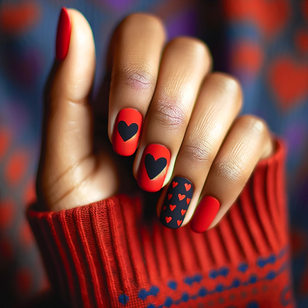 bright red nails with bold black hearts
