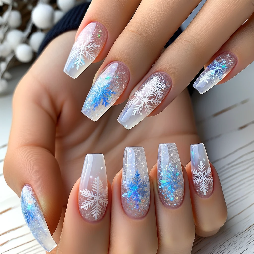 clear nails with blue and white snowflakes