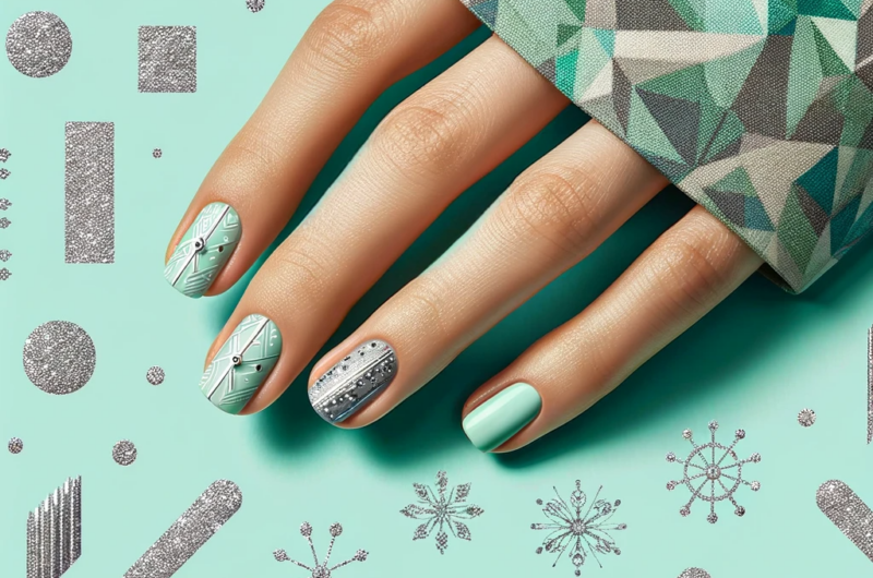 cool mint green nails with delicate silver stripes featured