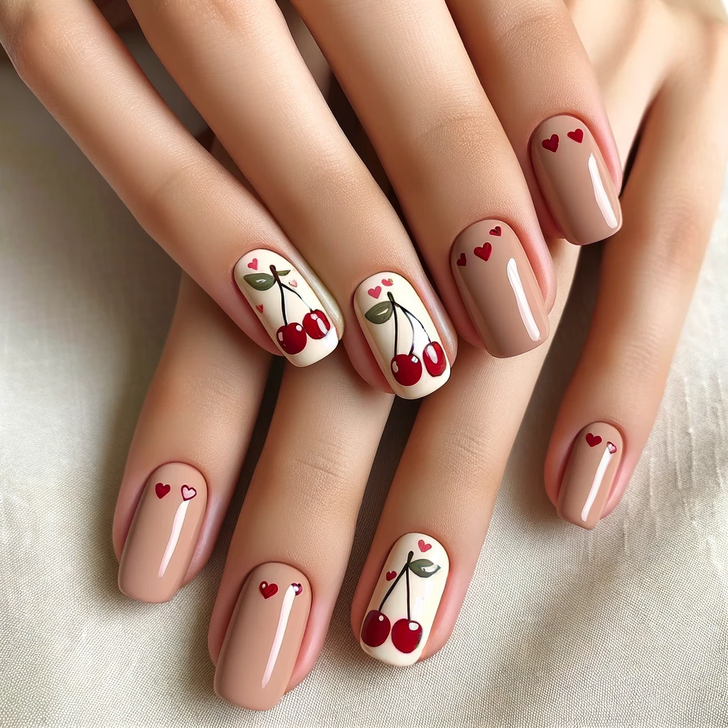 cute nail designs of cherries with hearts