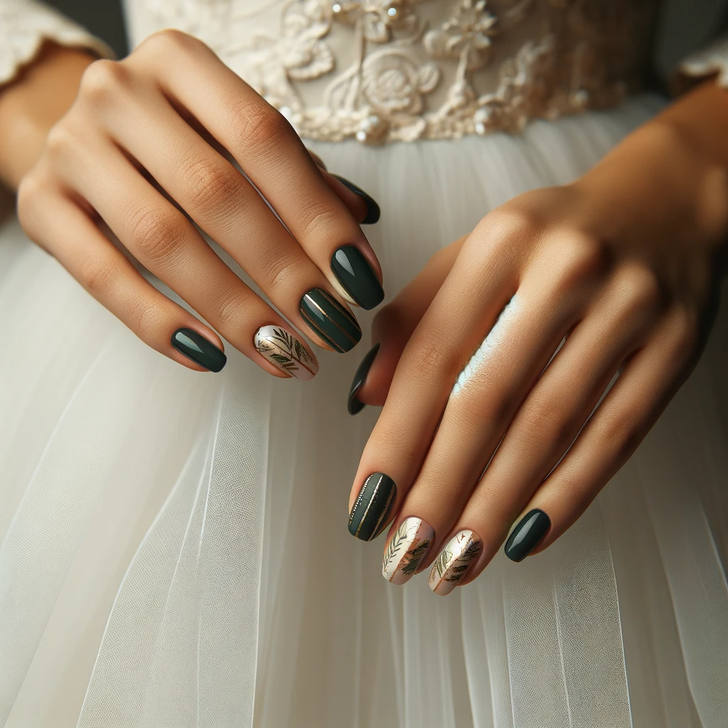 dark green winter wedding nails with gold accents or stripes