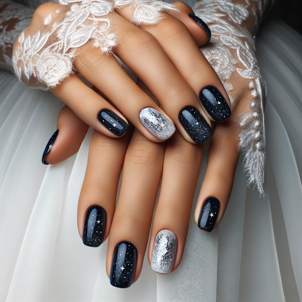 deep midnight blue nails with silver glitter