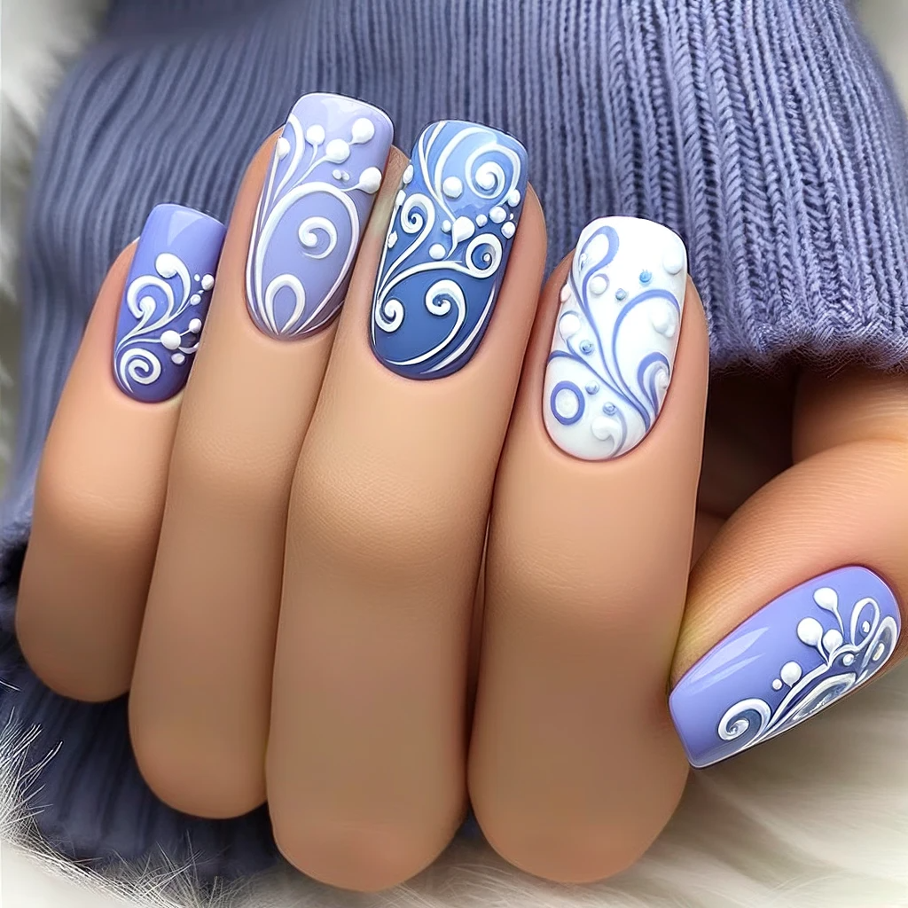 dreamy periwinkle base with delicate white swirls