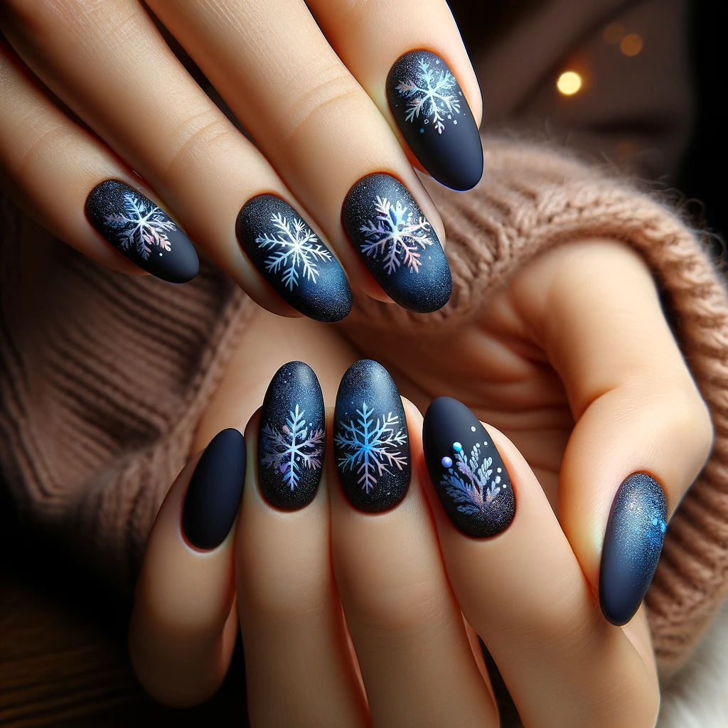 enchanting snowflake-themed nail art on dark nails