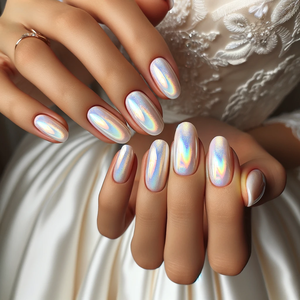 full pearlescent or opalescent white nails that shimmer with a rainbow-like effect