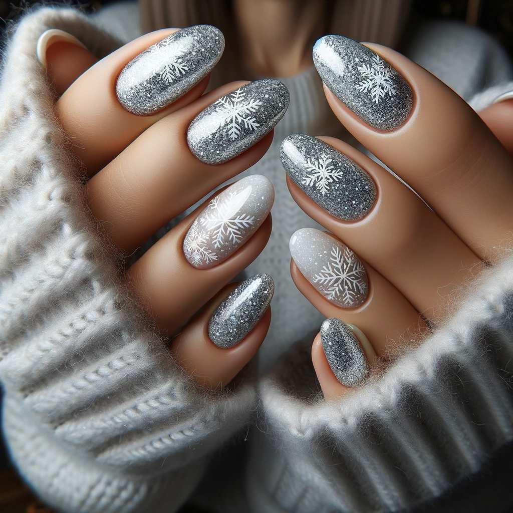 glittery silver based nails that sparkles like a snow