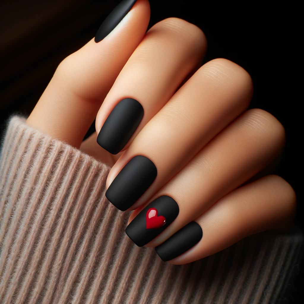 matte black nails with glossy red heart