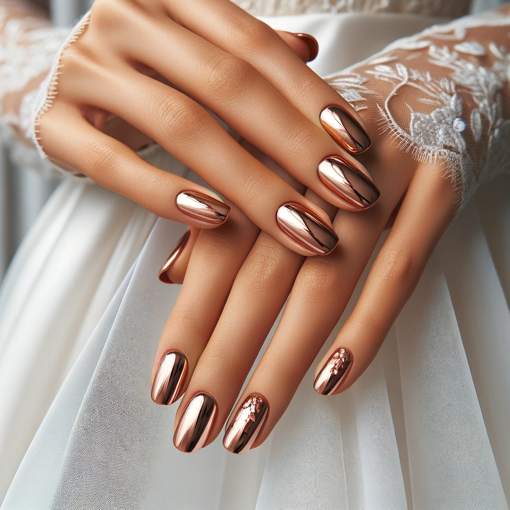 metallic rose gold winter wedding nails