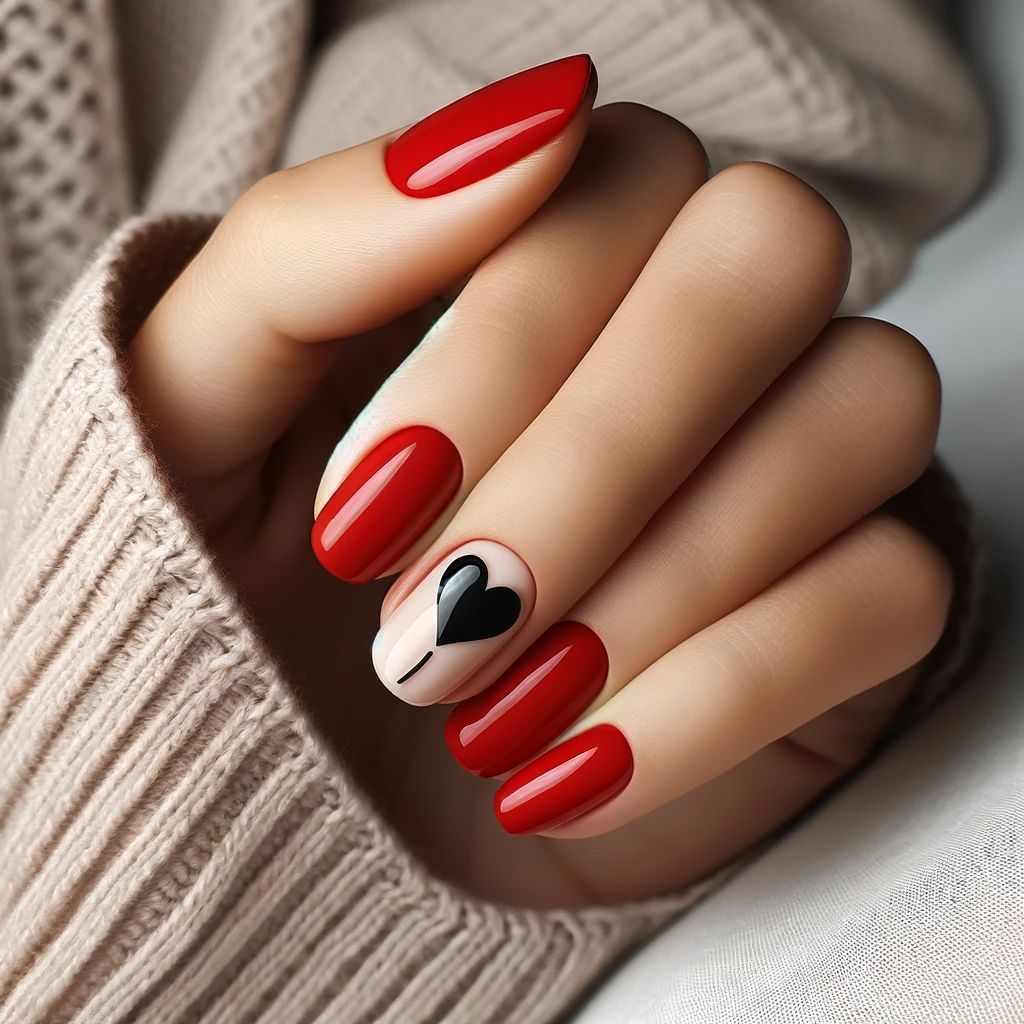 nail art featuring red nails and a single black heart